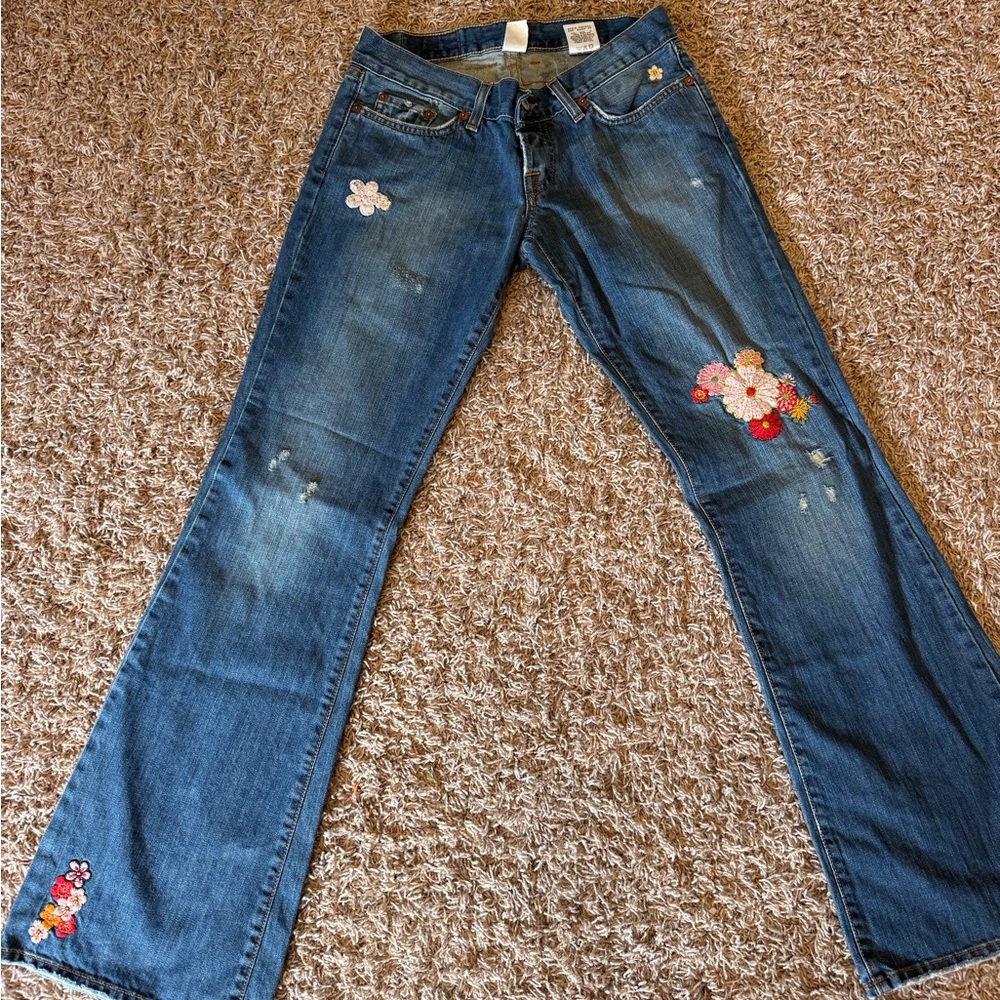 Lucky Brand Blue Denim Flare Jeans with Floral Embroidery